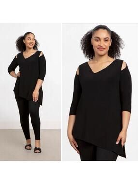 Sympli Women's Size 4 Asymmetric Black Nu Focus Blouse 3/4 Sleeves Tunic